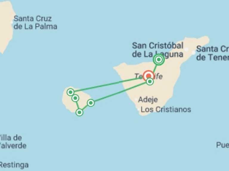 Map itinerary of Mediterranean Tour in March 2027 with 7 destination visits for the trip: Walking Tenerife and La Gomera