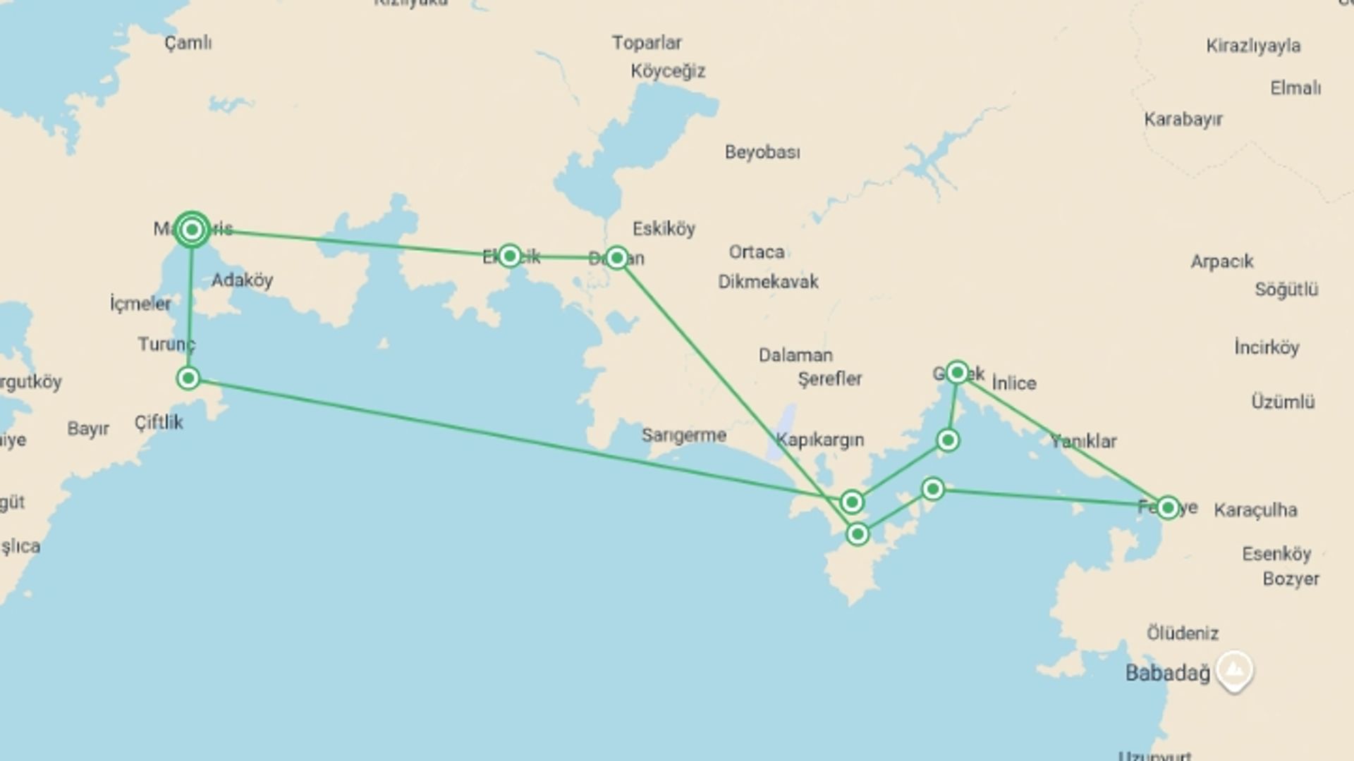 A map showing the tour itinerary for the trip: Gulet Cruise, Marmaris – Fethiye – Marmaris, starting in Marmaris, Turkey and ending in Marmaris, Turkey going through 5 other destinations.