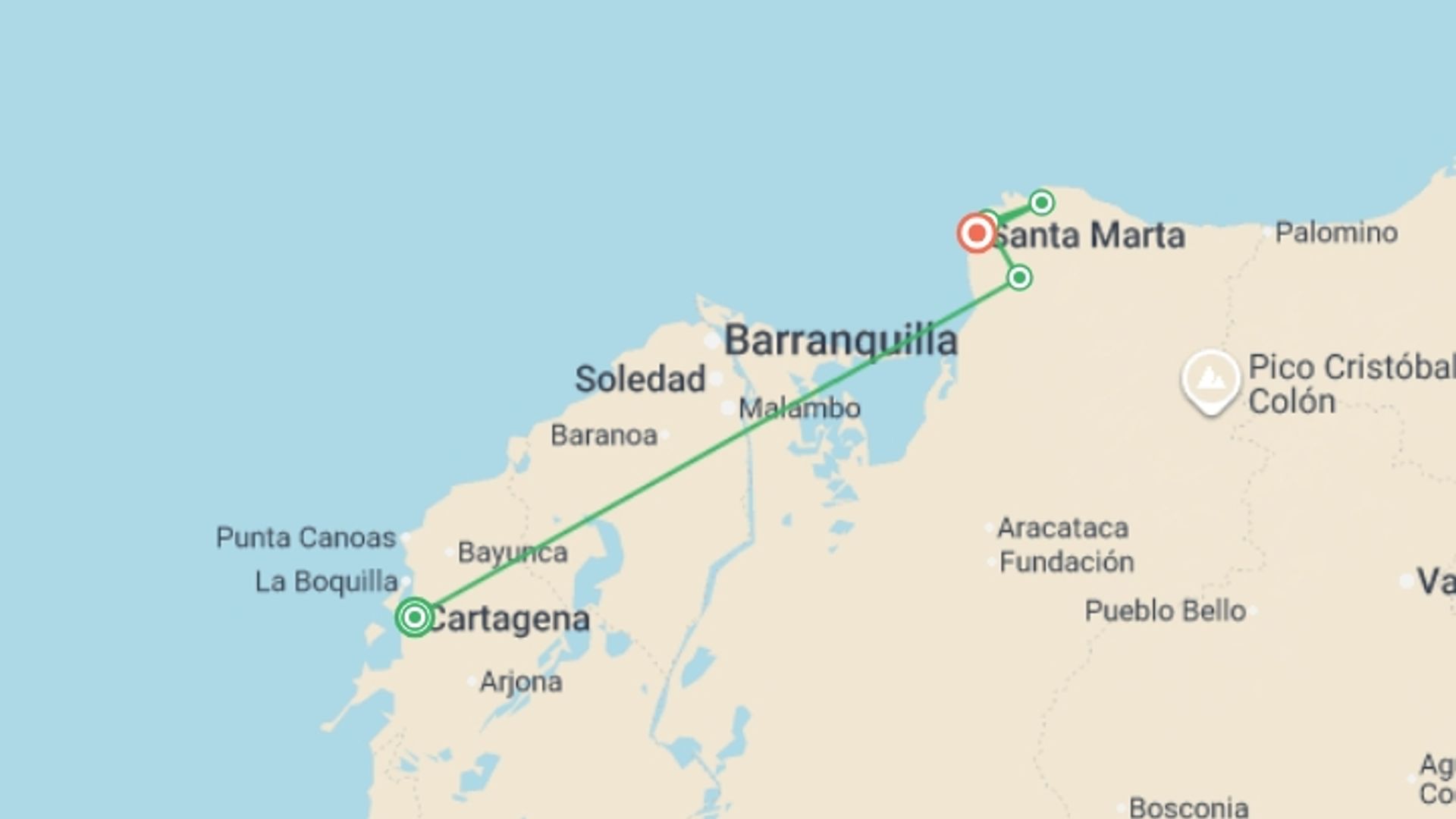 A map showing the tour itinerary for the trip: Caribbean Colombia Express, starting in Cartagena, Colombia and ending in Santa Marta, Colombia going through 3 other destinations.