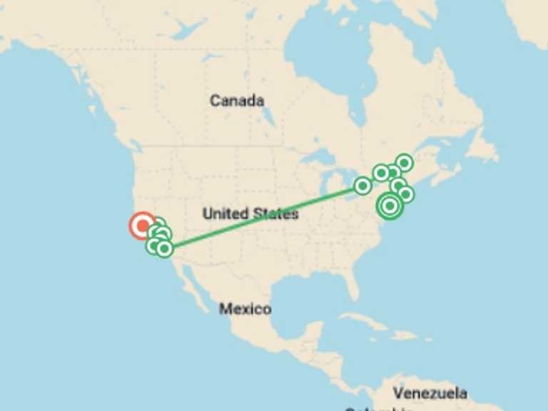 Map itinerary of USA Tour in Summer with 10 destination visits for the trip: Essential East Coast and Western Classics