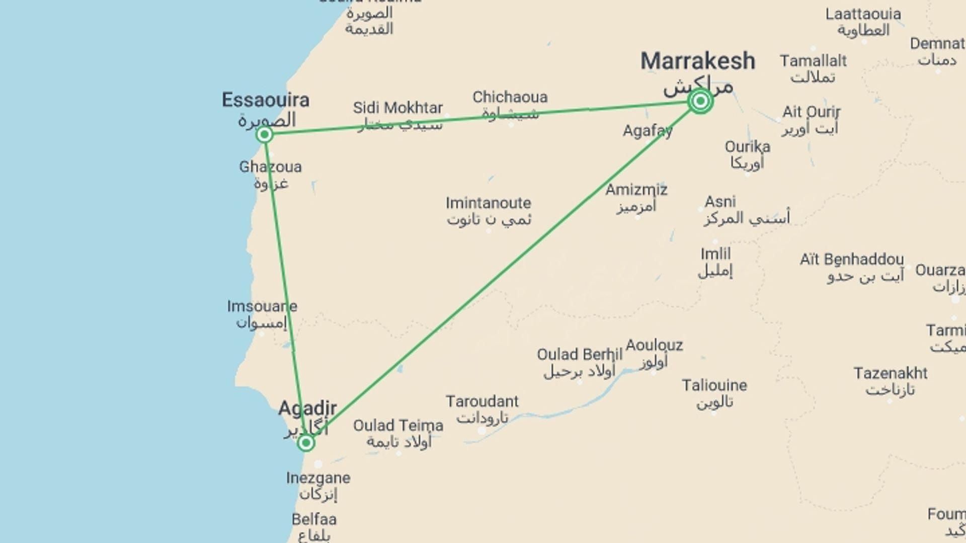 A map showing the tour itinerary for the trip: Marrakech, Essaouira & Agadir, Private Tour, starting in Marrakech, Morocco and ending in Marrakech, Morocco going through 2 other destinations.