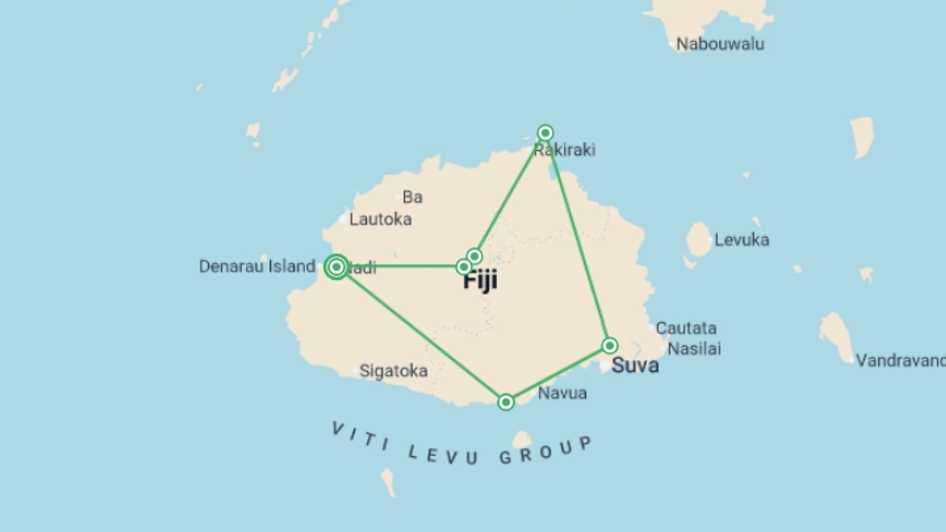 A map showing the tour itinerary for the trip: Fiji: Hike, Raft & Snorkel, starting in Nadi, Fiji and ending in Nadi, Fiji going through 5 other destinations.