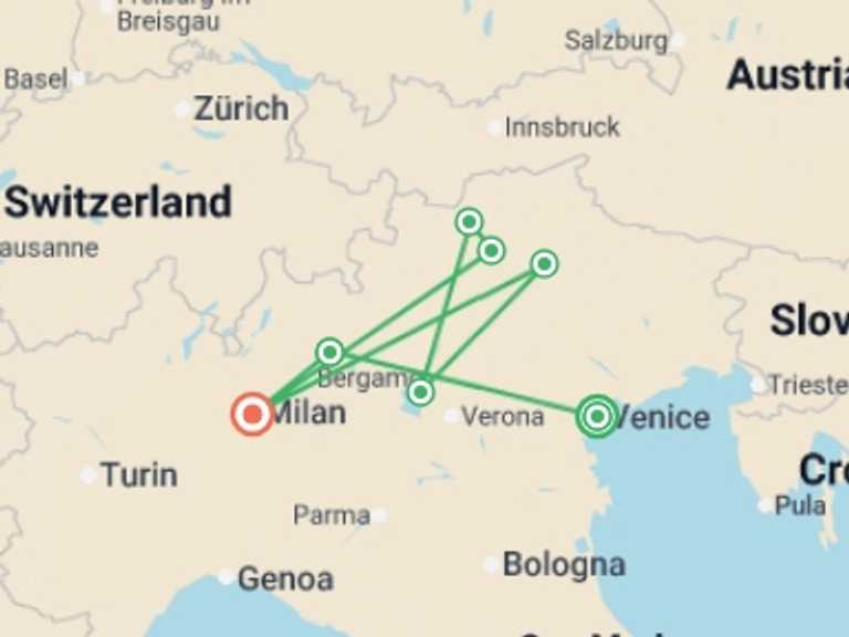 Map itinerary of Milan Tour in May 2026 with 7 destination visits for the trip: Northern Lakes & the Dolomites with Bernina Expres