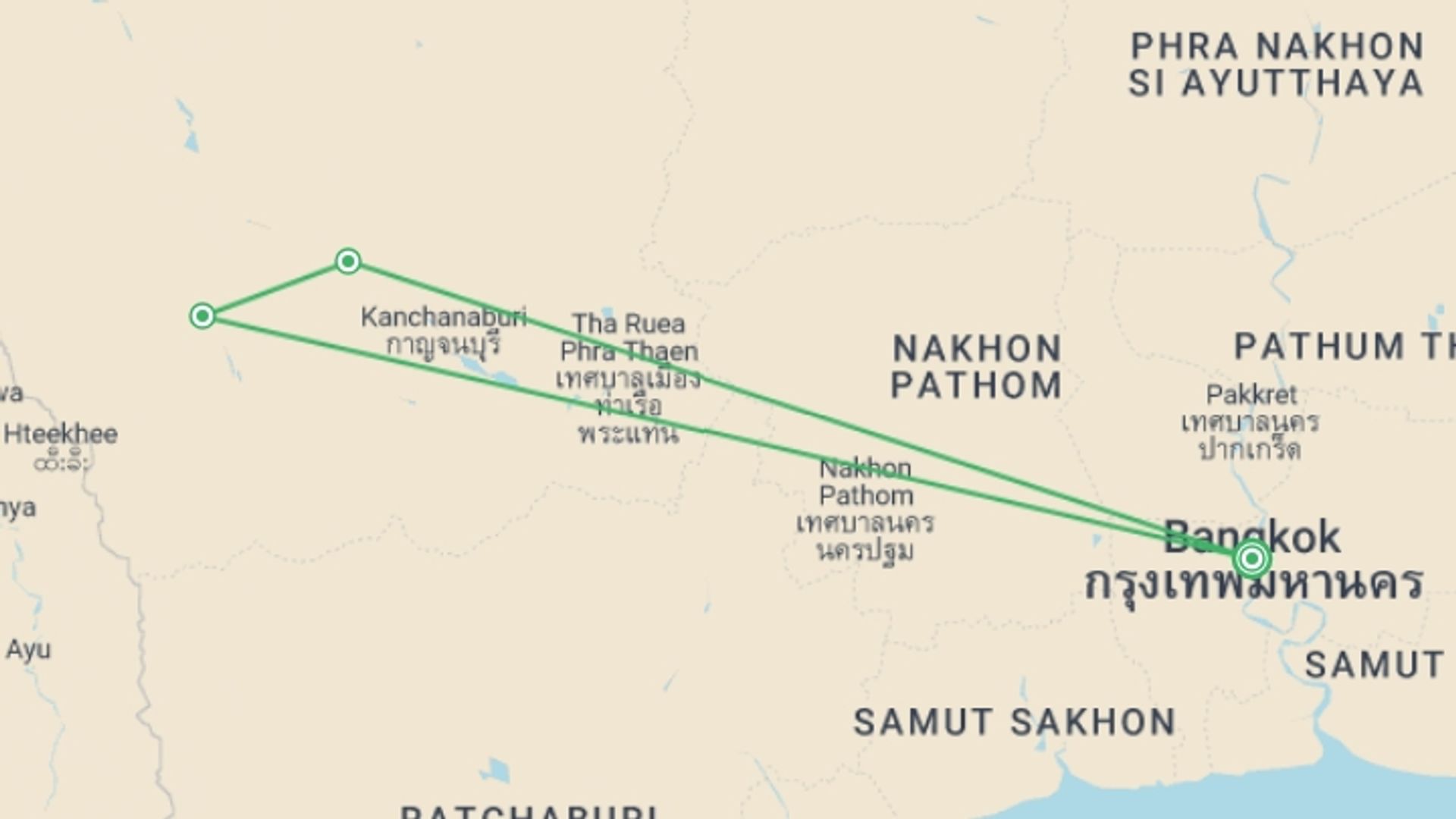 A map showing the tour itinerary for the trip: Kanchanaburi Explorer, starting in Bangkok, Thailand and ending in Bangkok, Thailand going through 2 other destinations.