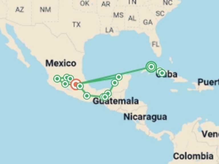 Map of North America Tour with 15 destination visits for the trip: The Great Route of Cuba and Mexico