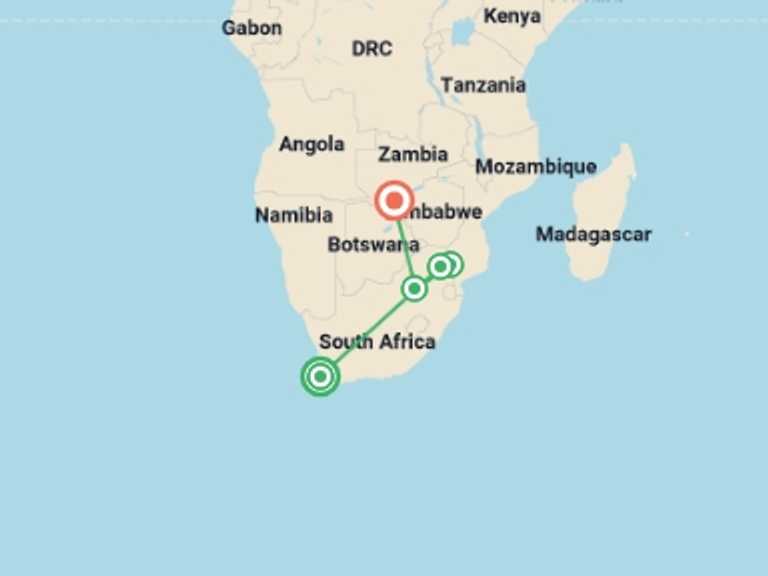 Map itinerary of Cape Town Tour in December 2026 with 5 destination visits for the trip: Journeys: Explore Southern Africa