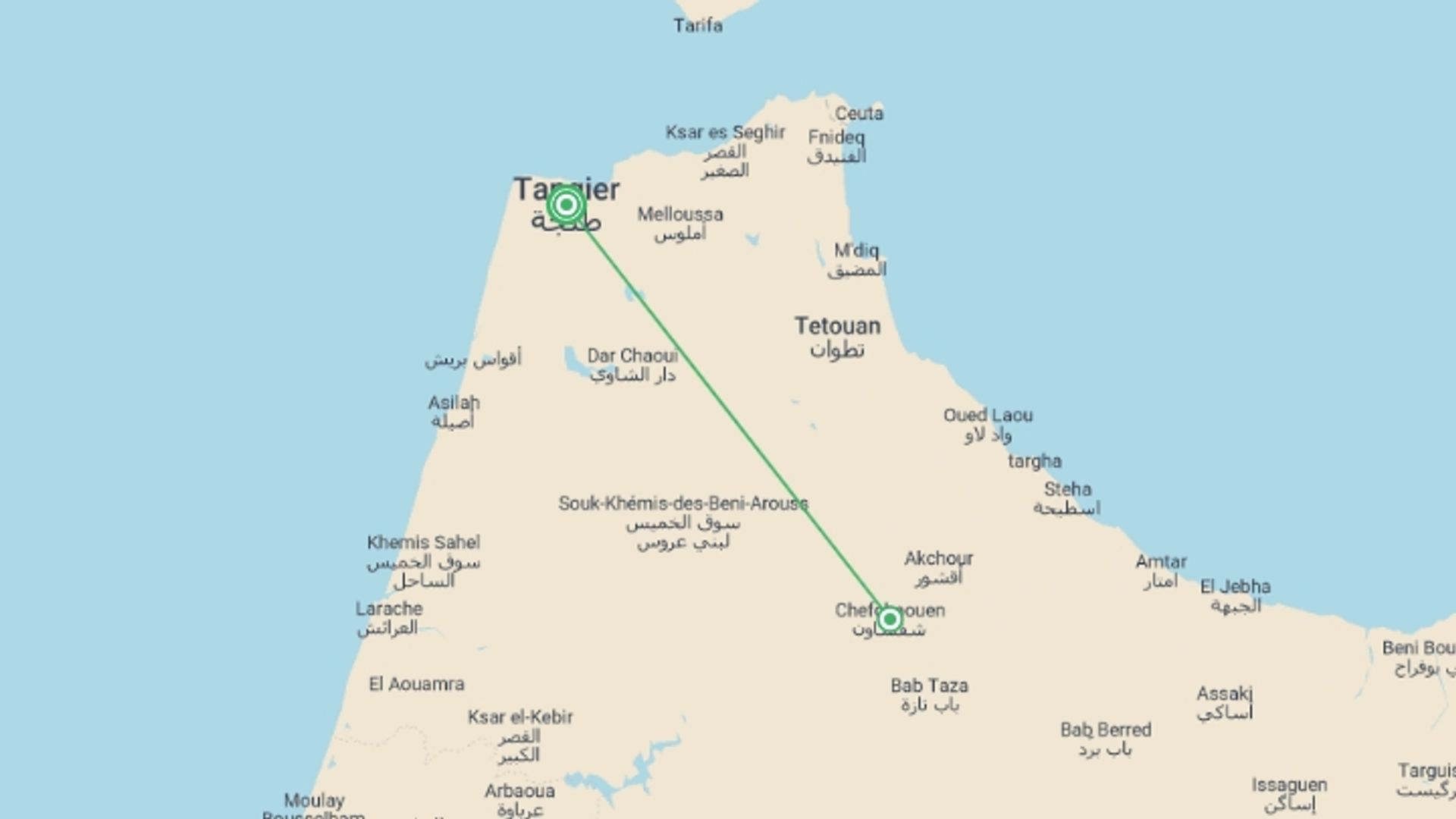 A map showing the tour itinerary for the trip: Tangier & The Blue City - 4 days, starting in Tangier, Morocco and ending in Tangier, Morocco going through 1 other destinations.