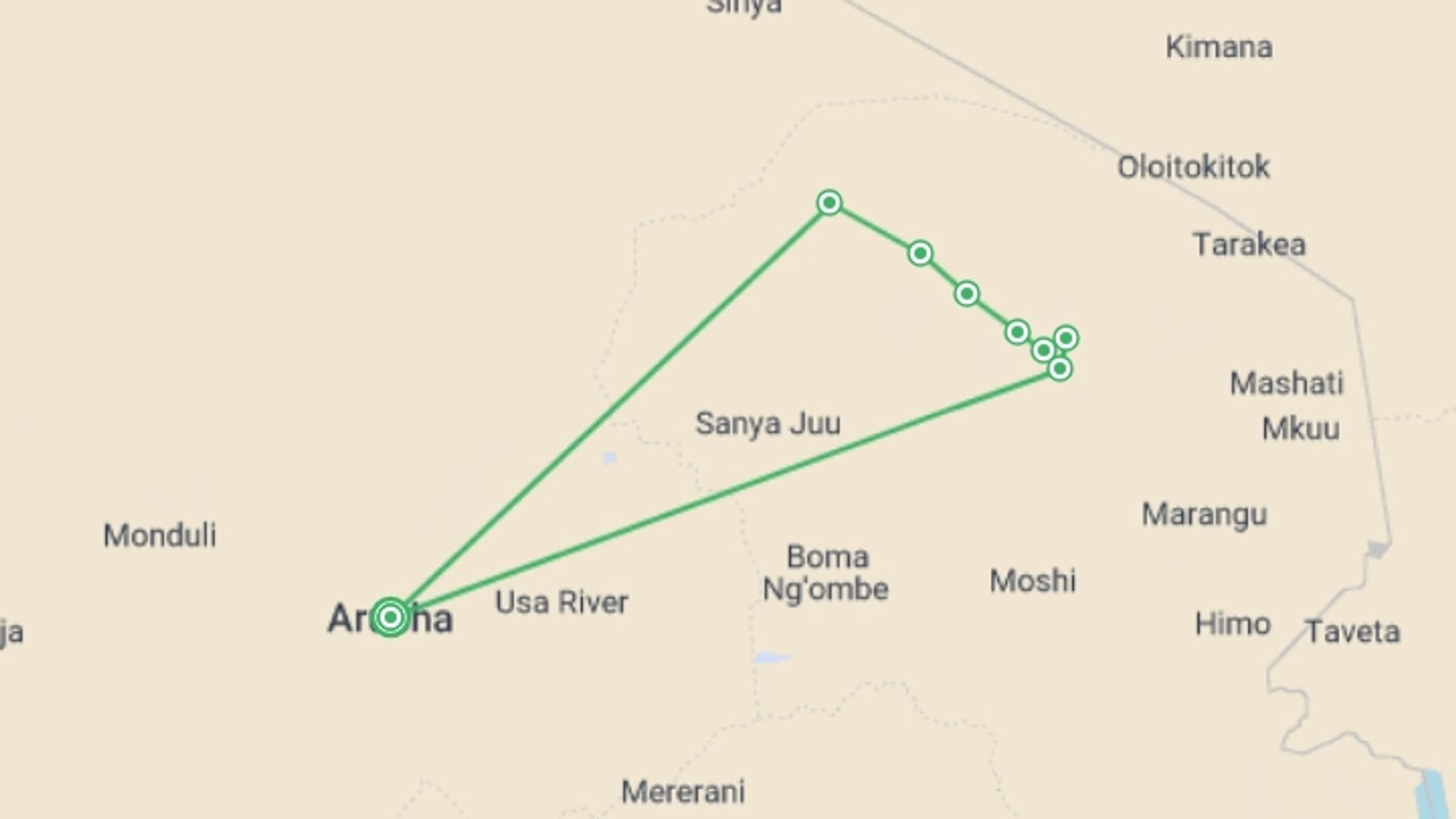 A map showing the tour itinerary for the trip: Kilimanjaro Climb - Lemosho Route, starting in Arusha, Tanzania and ending in Arusha, Tanzania going through 7 other destinations.