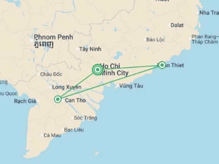 Map itinerary of Vietnam Tour in May 2026 with 3 destination visits for the trip: Saigon, Mekong & Mui Ne Beach (Deluxe) - 8 days 