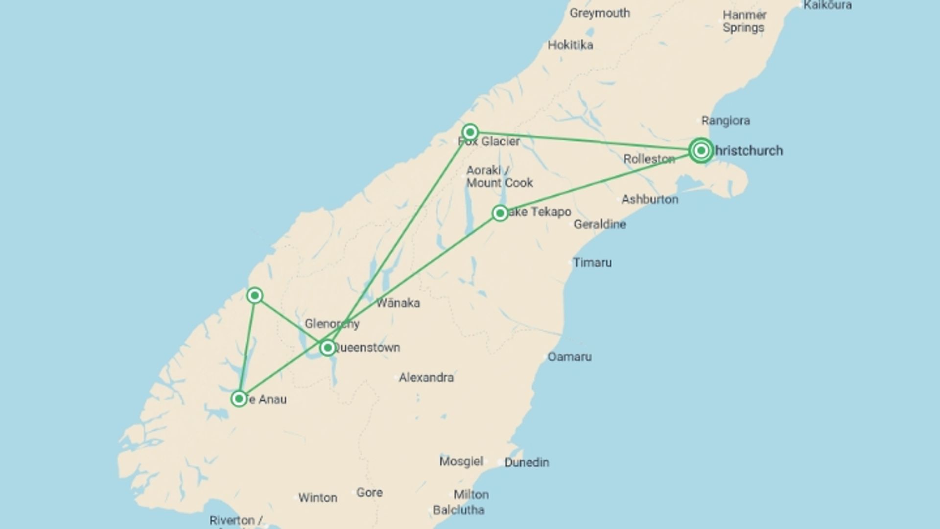 A map showing the tour itinerary for the trip: Christchurch to Milford Sound & Franz Josef - 7 days, starting in Christchurch, New Zealand and ending in Christchurch, New Zealand going through 3 other destinations.