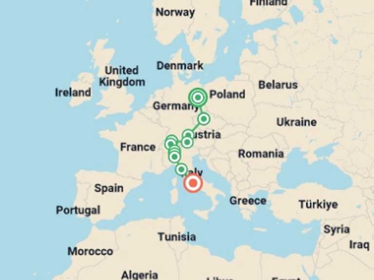 Map itinerary of Mediterranean Tour in July 2026 with 6 destination visits for the trip: From Berlin to Rome