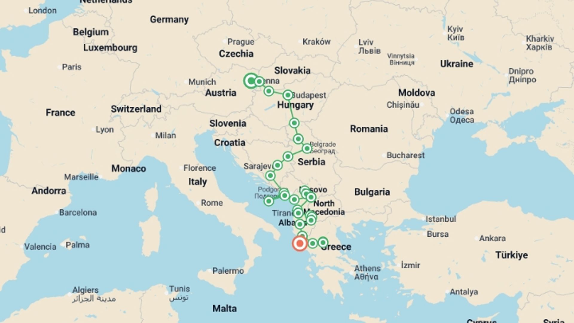 A map showing the tour itinerary for the trip: Vienna to Athens or Corfu - 21 days, starting in Vienna, Austria and ending in Corfu, Greece going through 14 other destinations.