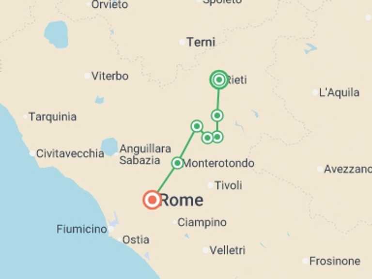 Map itinerary of Europe Tour in Summer with 7 destination visits for the trip: St Francis Way: Rieti to Rome