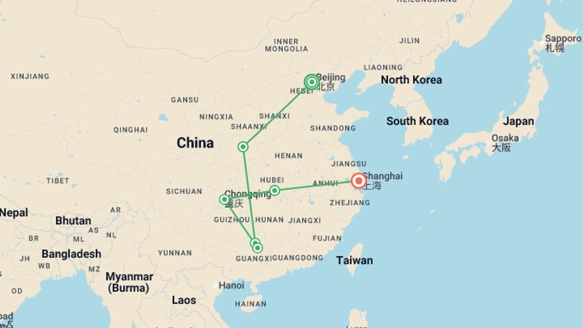 A map showing the tour itinerary for the trip: China Impression Journey - 13 days, starting in Beijing, China and ending in Shanghai, China going through 5 other destinations.