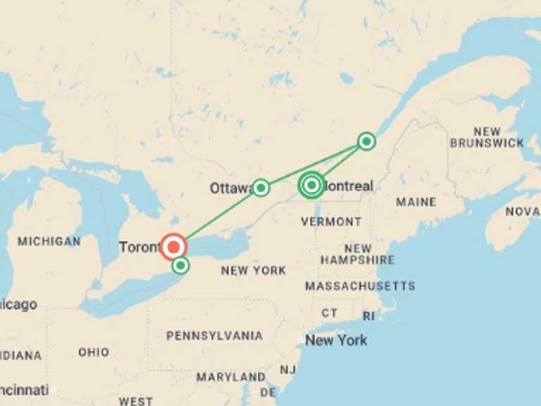 Map of 8-Day Canada Tour with 5 destination visits for the trip: Eastern Journey from Montreal to Toronto