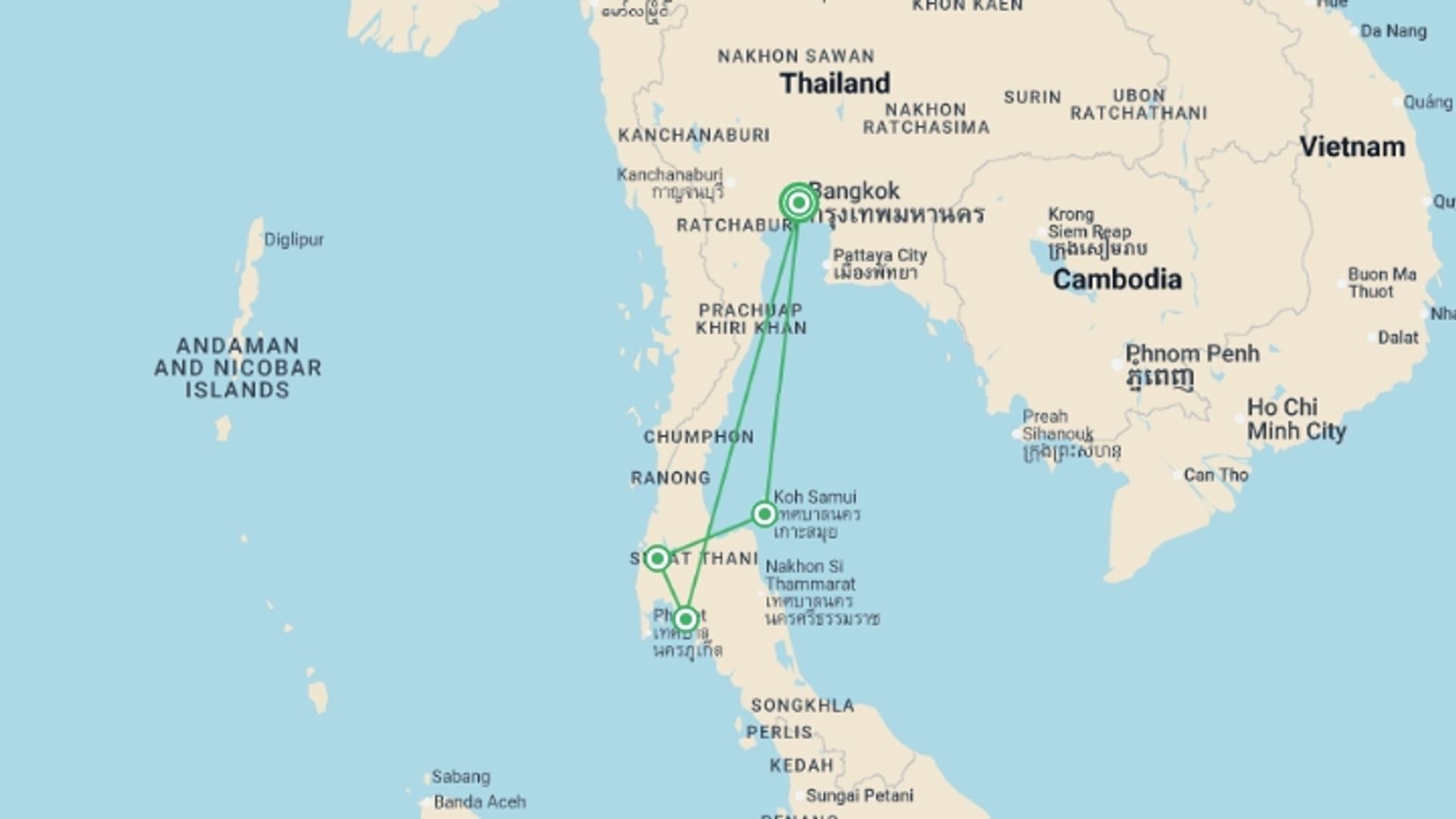 A map showing the tour itinerary for the trip: Journeys: Explore Southern Thailand, starting in Bangkok, Thailand and ending in Bangkok, Thailand going through 3 other destinations.