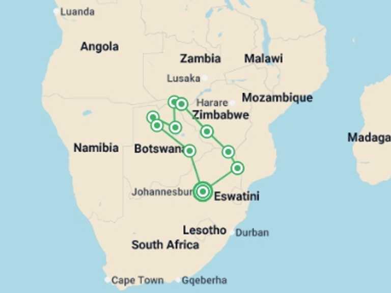 Map itinerary of Kruger National Park Tour in June 2027 with 10 destination visits for the trip: Southern Africa Encompassed: Bush Camps & Wildlife Spotting