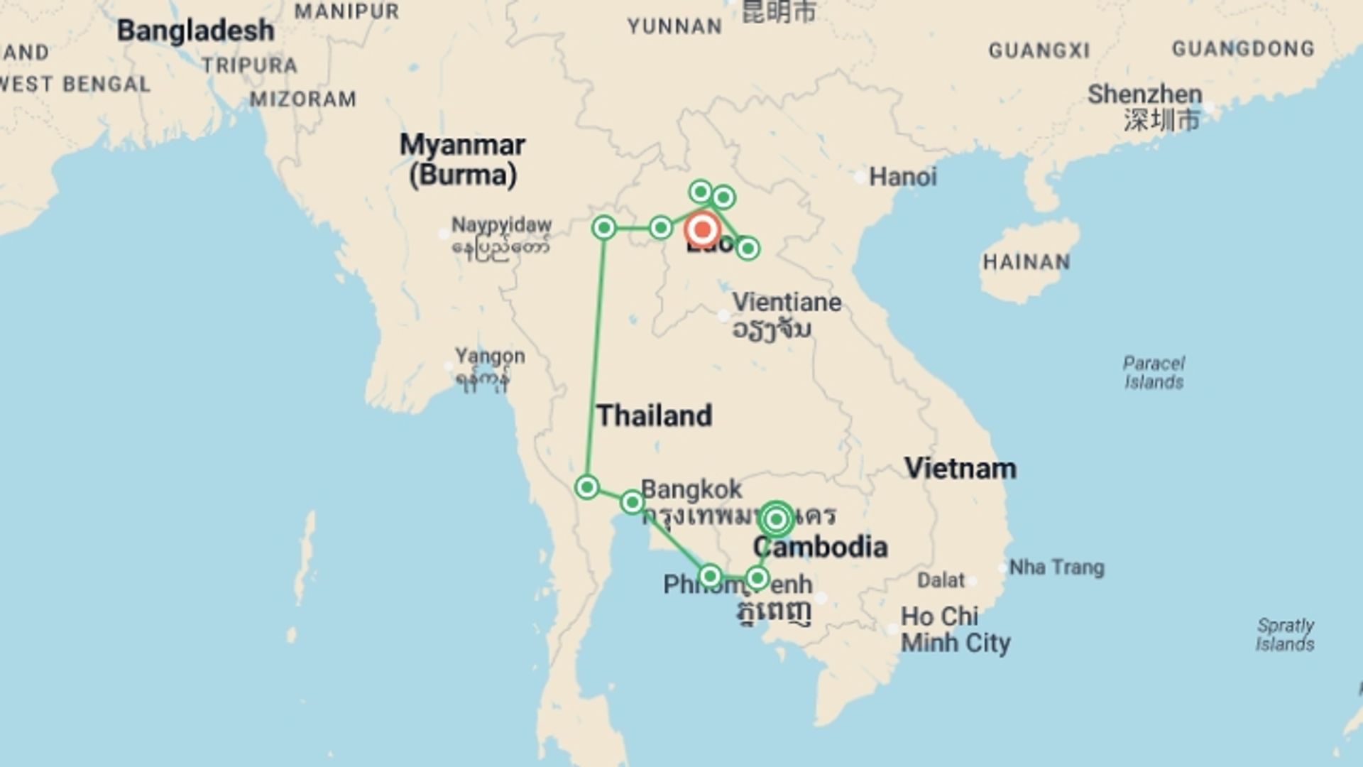 A map showing the tour itinerary for the trip: Southeast Asia: Bangkok, Laos & The Cardamom Mountains, starting in Siem Reap, Cambodia and ending in Luang Prabang, Laos going through 9 other destinations.