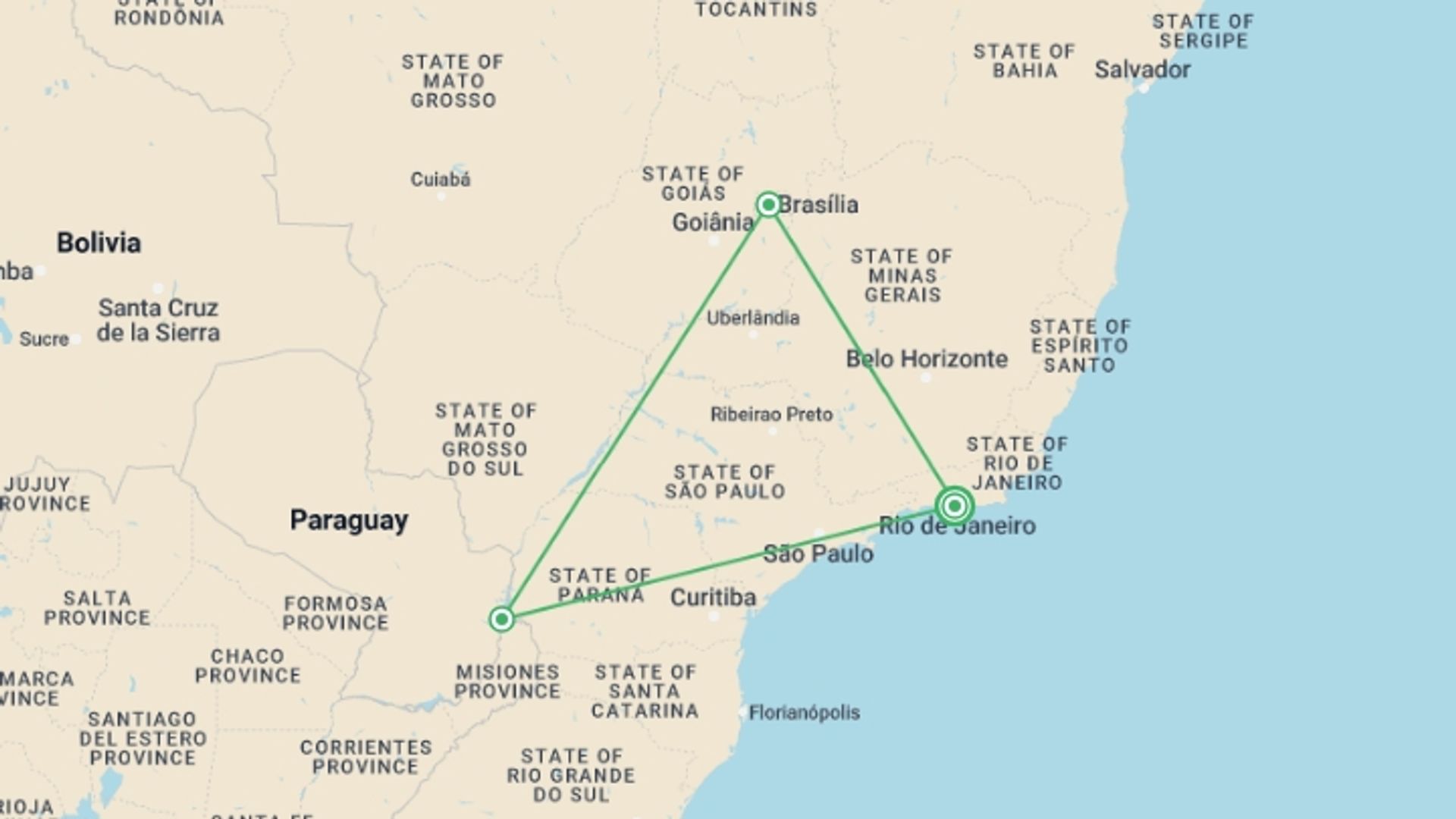 A map showing the tour itinerary for the trip: Natural Wonders of Brazil - 12 days, starting in Rio de Janeiro, Brazil and ending in Rio de Janeiro, Brazil going through 2 other destinations.