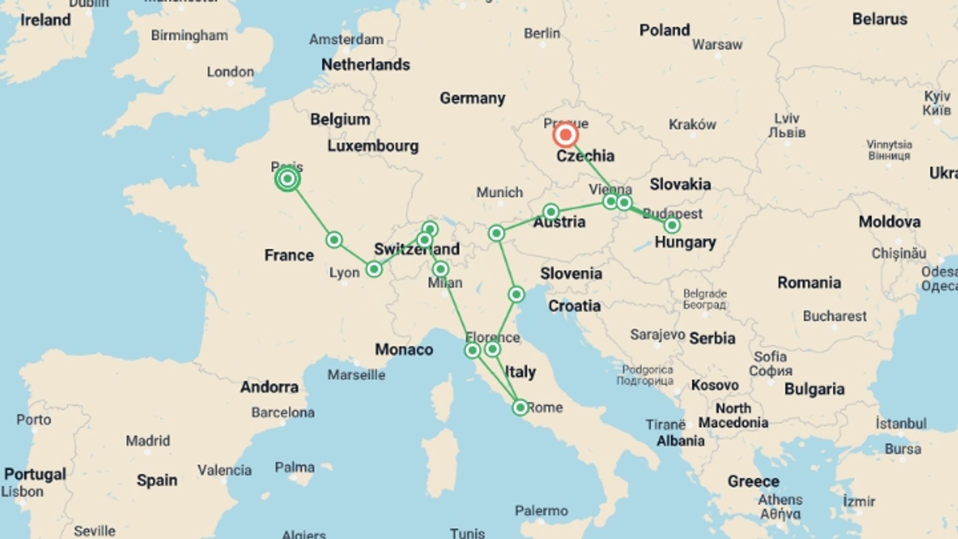 A map showing the tour itinerary for the trip: Romantic Europe, starting in Paris, France and ending in Prague, Czech Republic going through 0 other destinations.