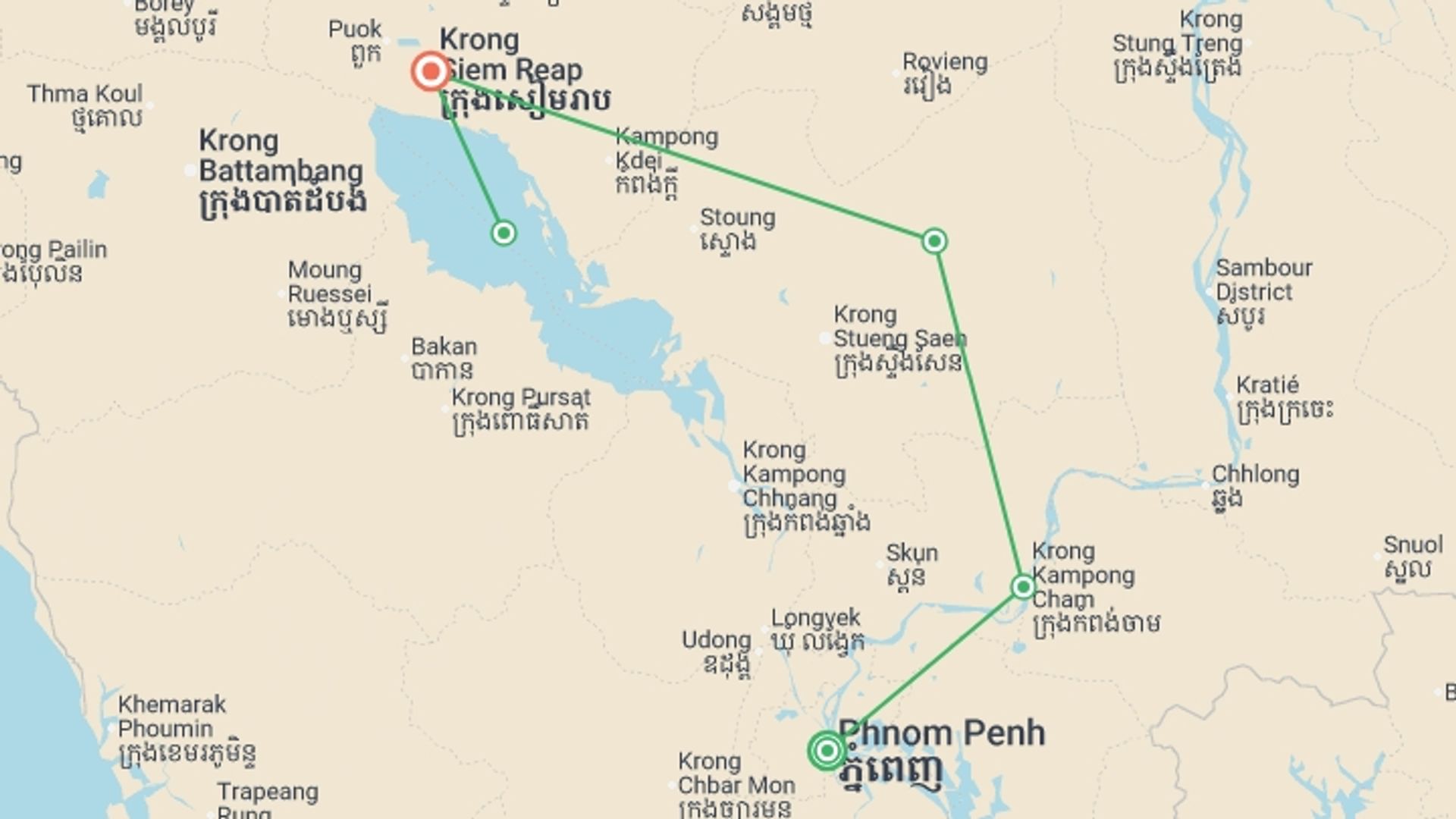 A map showing the tour itinerary for the trip: Cambodia Discovery Small Group Tour, starting in Phnom Penh, Cambodia and ending in Siem Reap, Cambodia going through 2 other destinations.