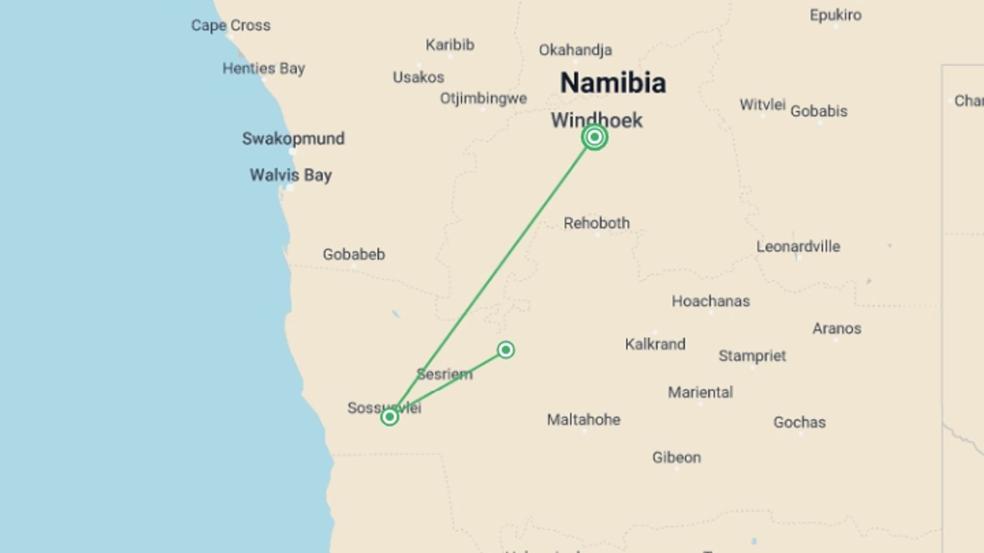 A map showing the tour itinerary for the trip: Sossusvlei Region Short Break, Private Tour (on Request), starting in Sesriem, Namibia and ending in Sesriem, Namibia going through 2 other destinations.