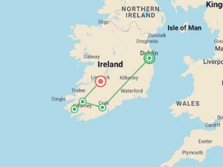 Map of Ireland Explorer Tour with 5 destination visits for the trip: Ireland Family Journey: Castles, Folklore & Gaelic Traditions