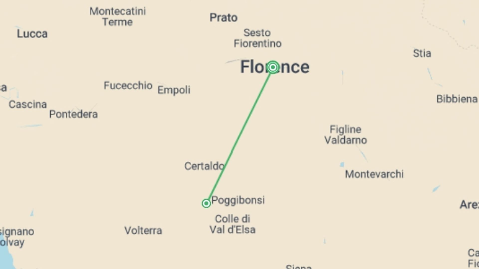 A map showing the tour itinerary for the trip: Local Living Italy - Tuscany San Gimignano, starting in Florence, Italy and ending in Florence, Italy going through 1 other destinations.