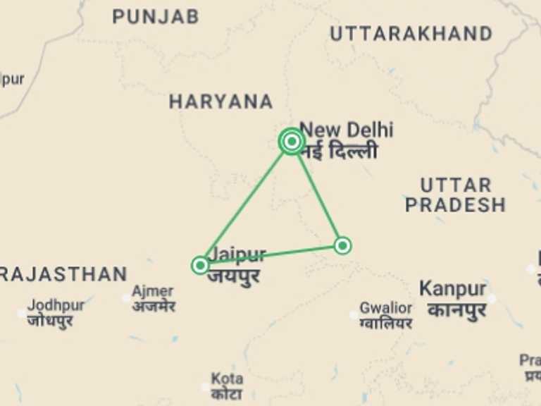 Map of New Delhi Explorer Tour with 3 destination visits for the trip: Delhi, Taj & Pink City - 5 days