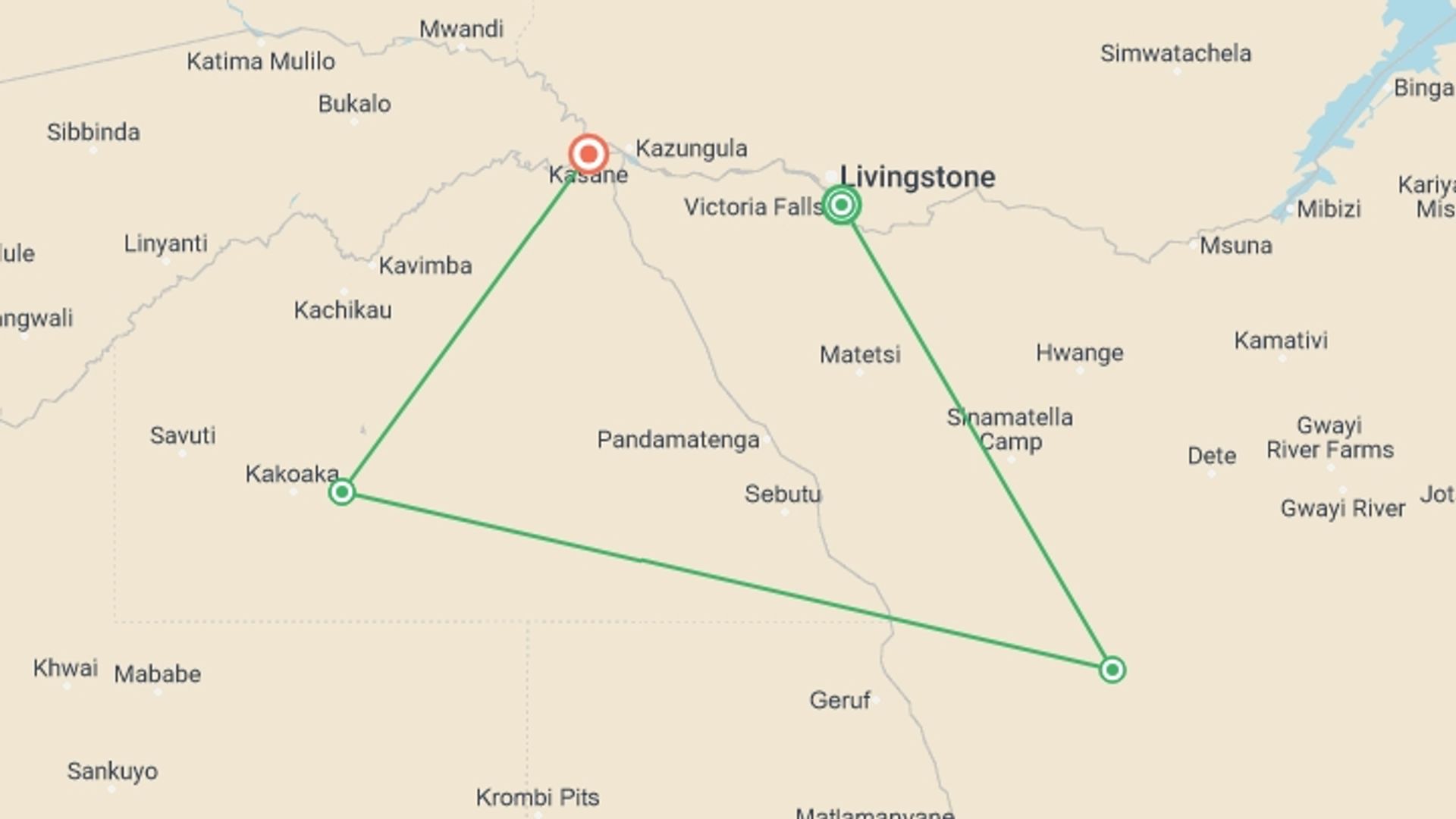 A map showing the tour itinerary for the trip: Zimbabwe & Botswana Safari: Victoria Falls & The Big Five, starting in Victoria Falls, Zimbabwe and ending in Kasane, Botswana going through 2 other destinations.