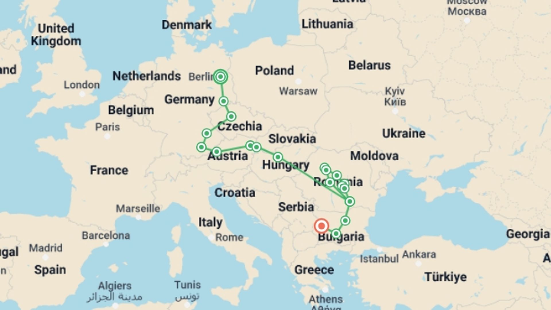 A map showing the tour itinerary for the trip: Incredible Central & Eastern Europe, starting in Berlin, Germany and ending in Sofia, Bulgaria going through 9 other destinations.
