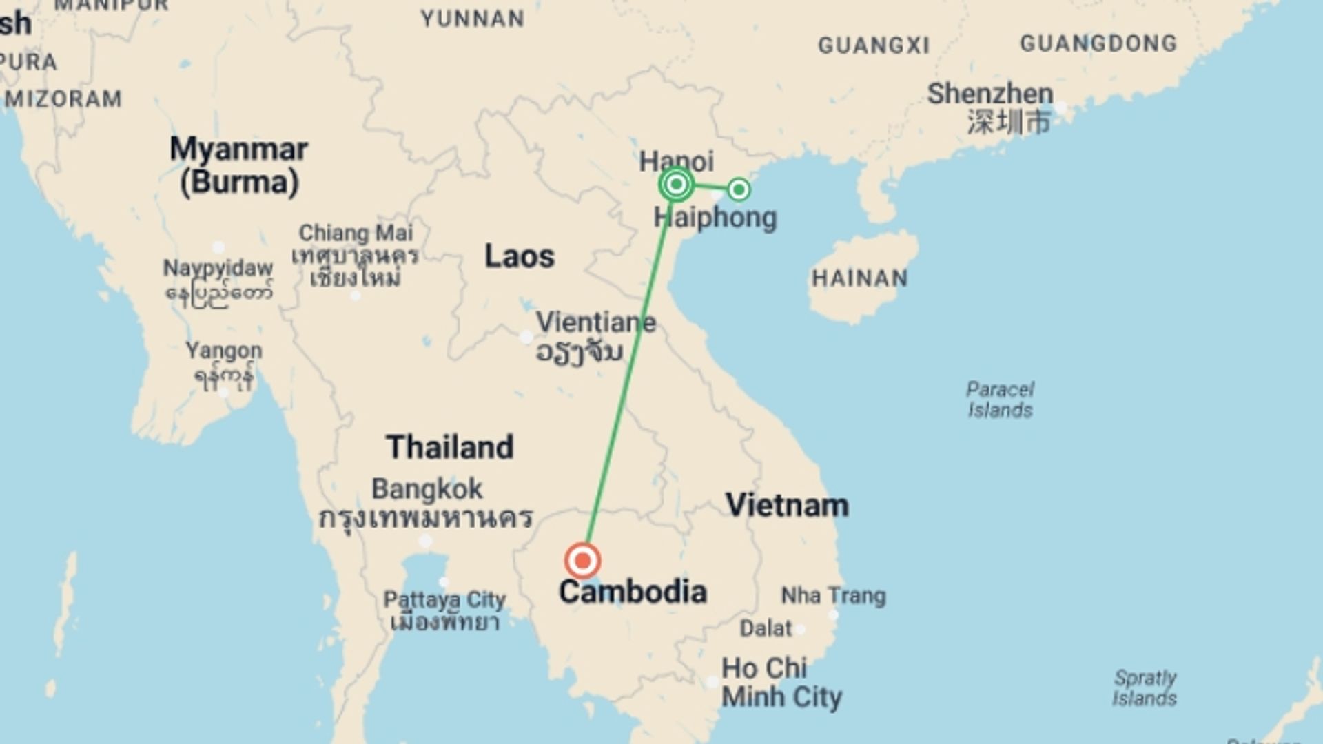 A map showing the tour itinerary for the trip: Explore the Highlights of Vietnam & Cambodia, starting in Hanoi, Vietnam and ending in Siem Reap, Cambodia going through 1 other destinations.