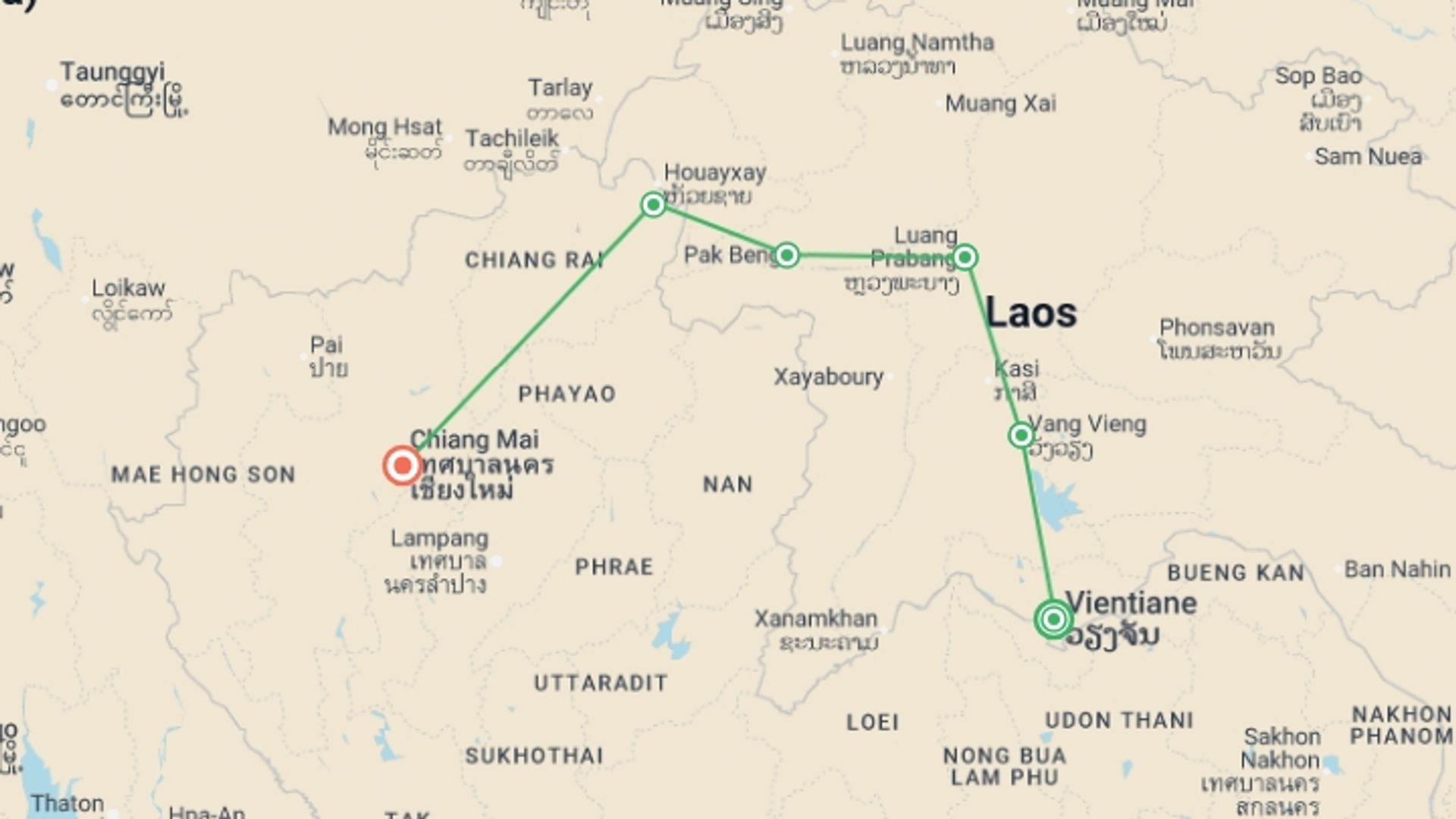A map showing the tour itinerary for the trip: Laos: Sunrises & Street Food, starting in Vientiane, Laos and ending in Chiang Mai, Thailand going through 4 other destinations.