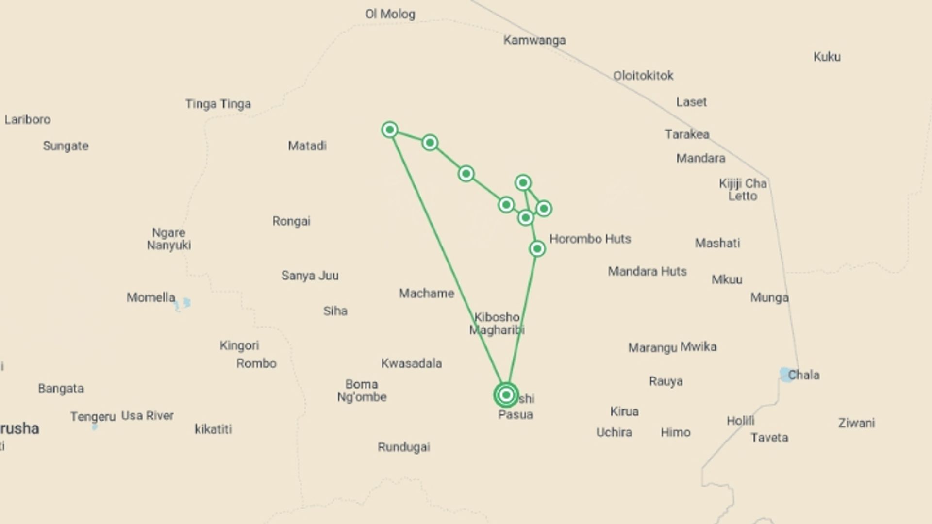 A map showing the tour itinerary for the trip: Mt Kilimanjaro Trek - Lemosho Route, starting in Moshi, Tanzania and ending in Moshi, Tanzania going through 8 other destinations.