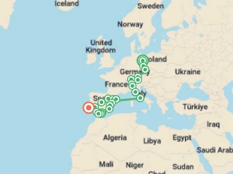 Map of Europe Tour with 12 destination visits for the trip: Continental Europe