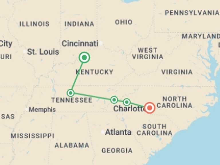 Map of USA Tour with 6 destination visits for the trip: Nashville & the Smoky Mountains Holiday featuring Gatlinburg & Asheville