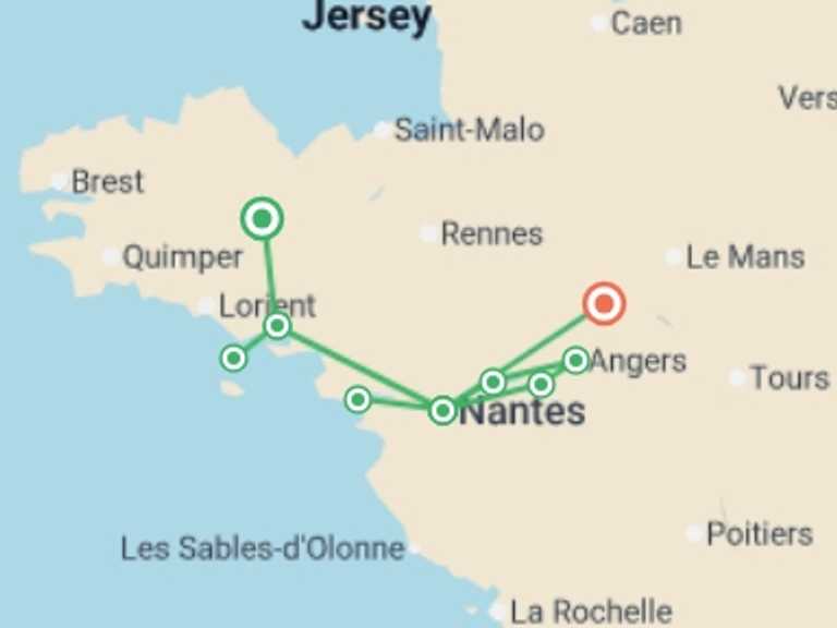 Map of France Cruise Tour with 6 destination visits for the trip: Beautiful Brittany and Royal Opulence in the Loire (port-to-port cruise)