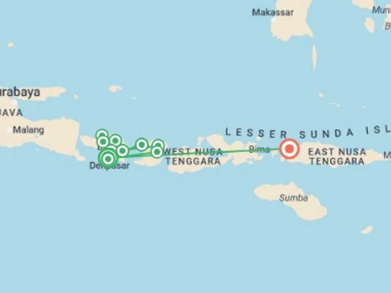 Map itinerary of Indonesia Tour in July 2027 with 12 destination visits for the trip: Indonesia: Bali, Komodo & Lombok