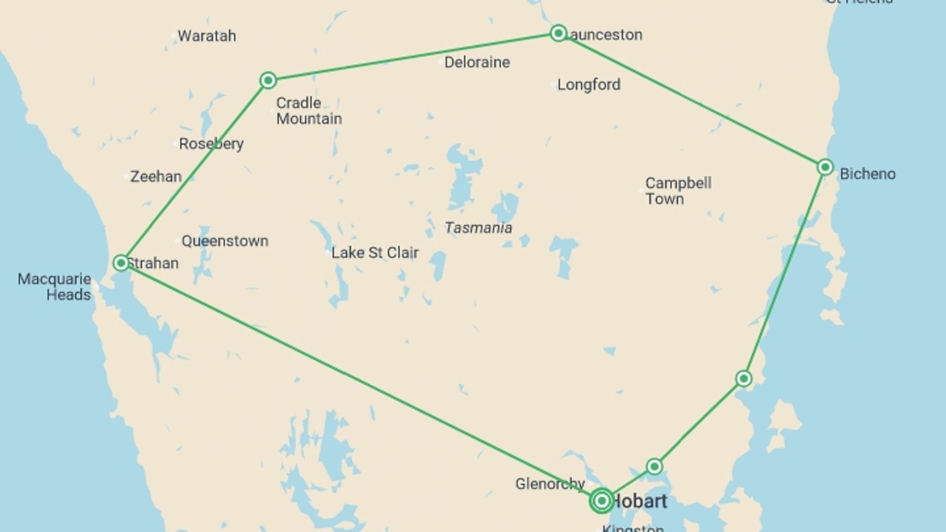A map showing the tour itinerary for the trip: Perfect Tasmania, starting in Hobart, Australia and ending in Hobart, Australia going through 6 other destinations.