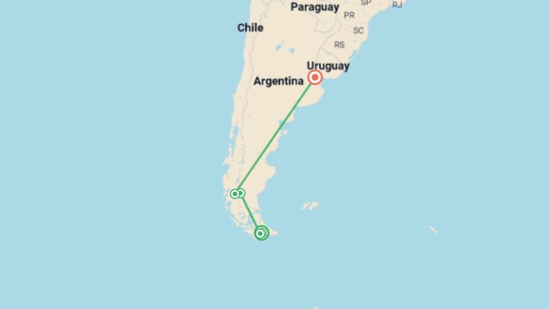 A map showing the tour itinerary for the trip: Argentina: Ushuaia, Calafate & Buenos Aires - 7 days, starting in Ushuaia, Argentina and ending in Buenos Aires, Argentina going through 4 other destinations.