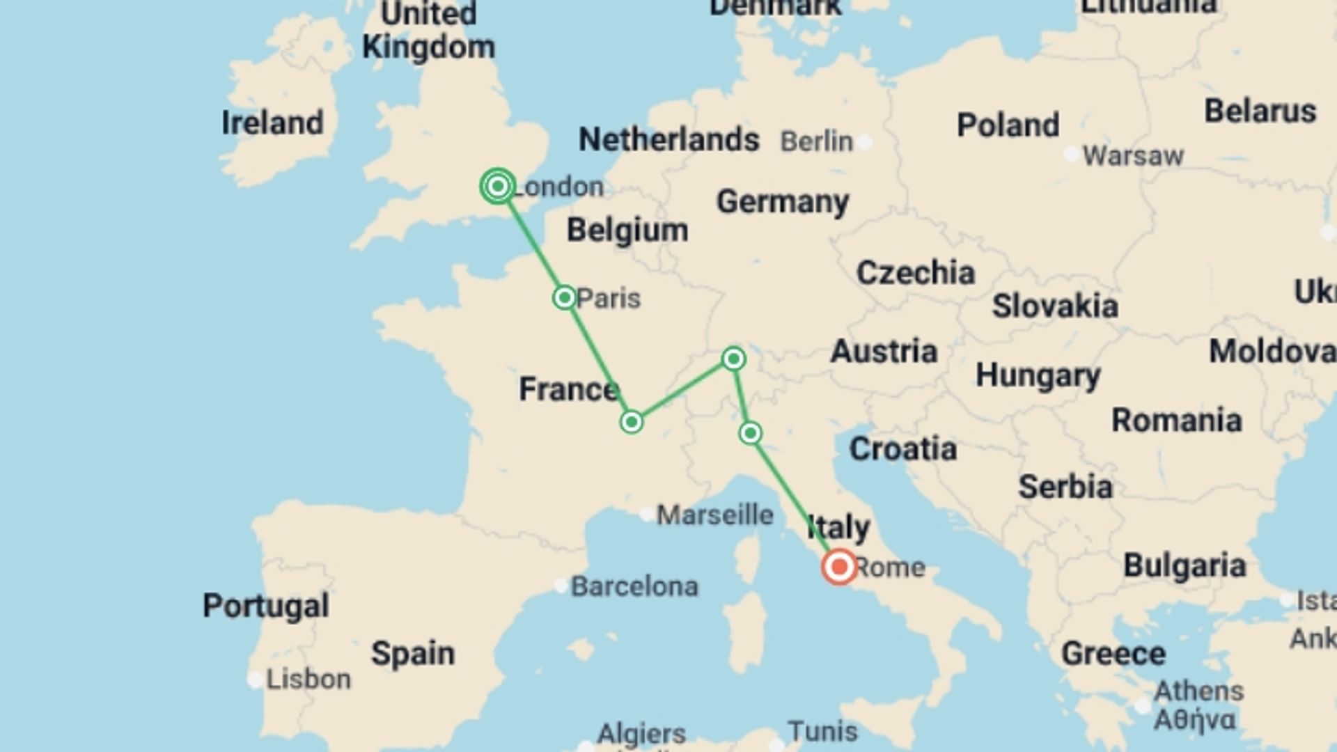 A map showing the tour itinerary for the trip: Spectacular Europe End Rome, starting in London, England and ending in Rome, Italy going through 4 other destinations.
