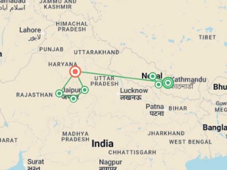 Map itinerary of Asia Tour in October 2026 with 7 destination visits for the trip: Highlights of Nepal & India - 16 days