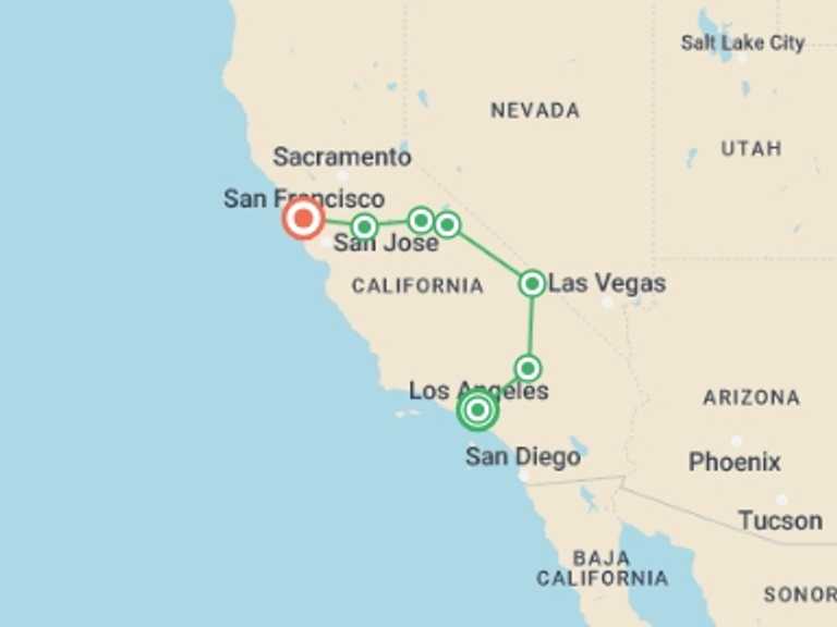 Map of Los Angeles Adventure Tour with 6 destination visits for the trip: California Dreaming with Las Vegas