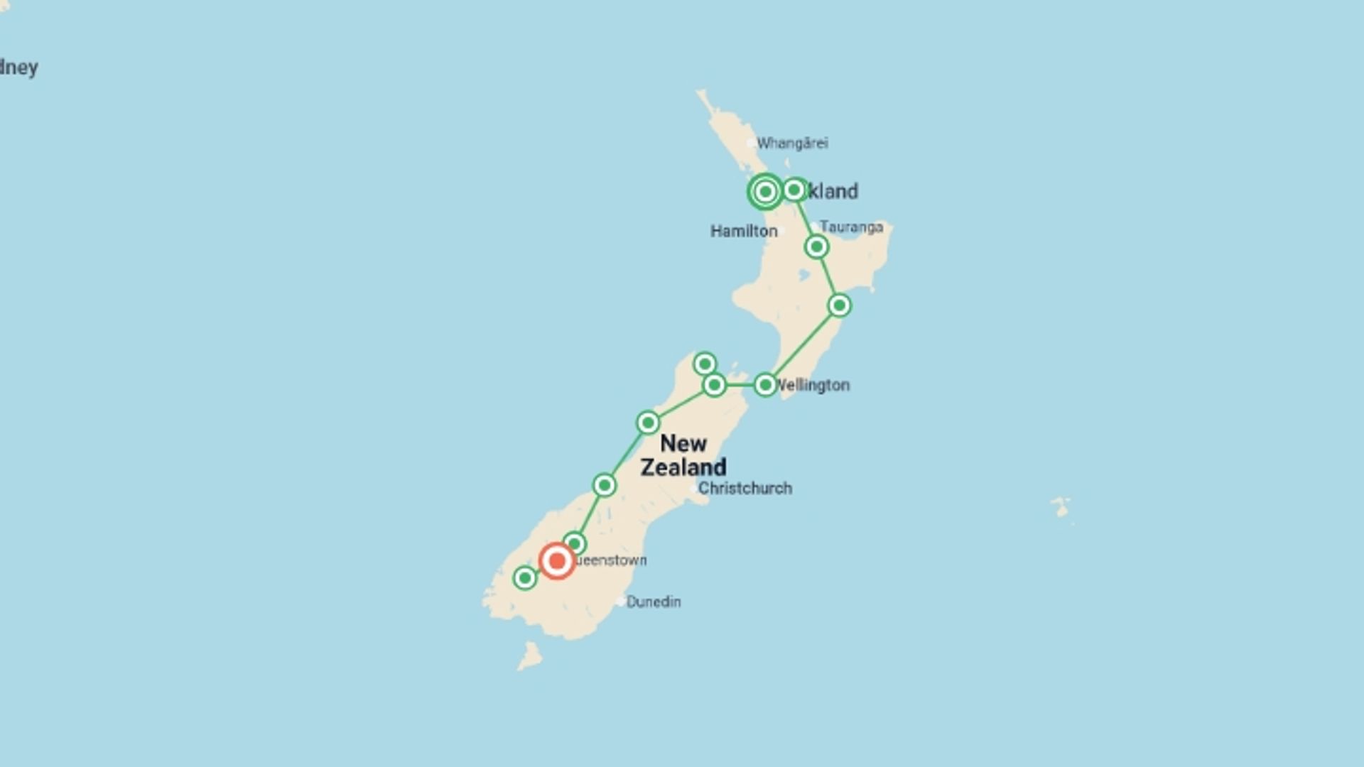 A map showing the tour itinerary for the trip: Enchanting New Zealand - 16 days, starting in Auckland, New Zealand and ending in Queenstown, New Zealand going through 10 other destinations.