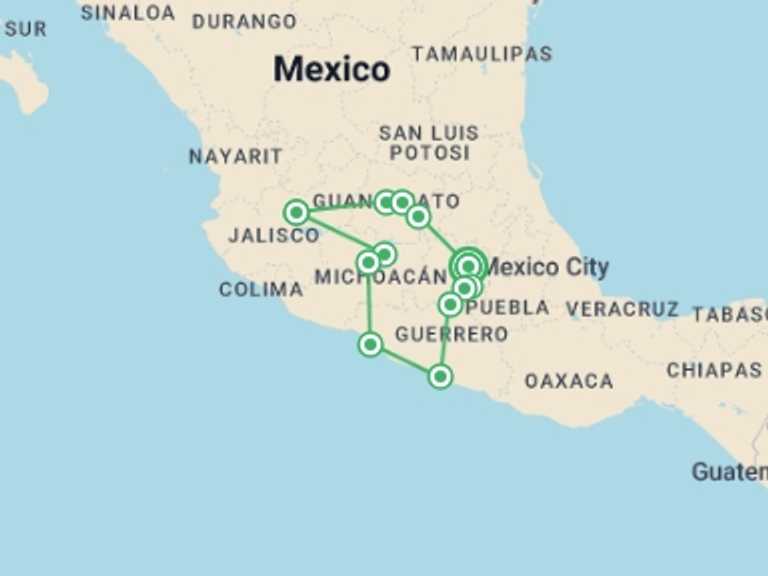 Map of Mexico City Explorer Tour with 8 destination visits for the trip: Coastal and Cultural Adventure