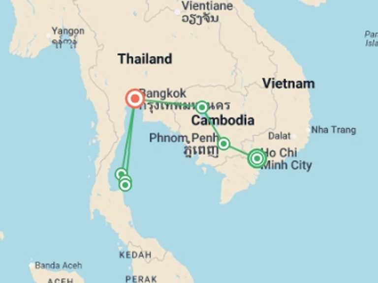 Map itinerary of Bangkok Tour in July 2026 with 7 destination visits for the trip: Cambodia & The Thai Islands – East Coast