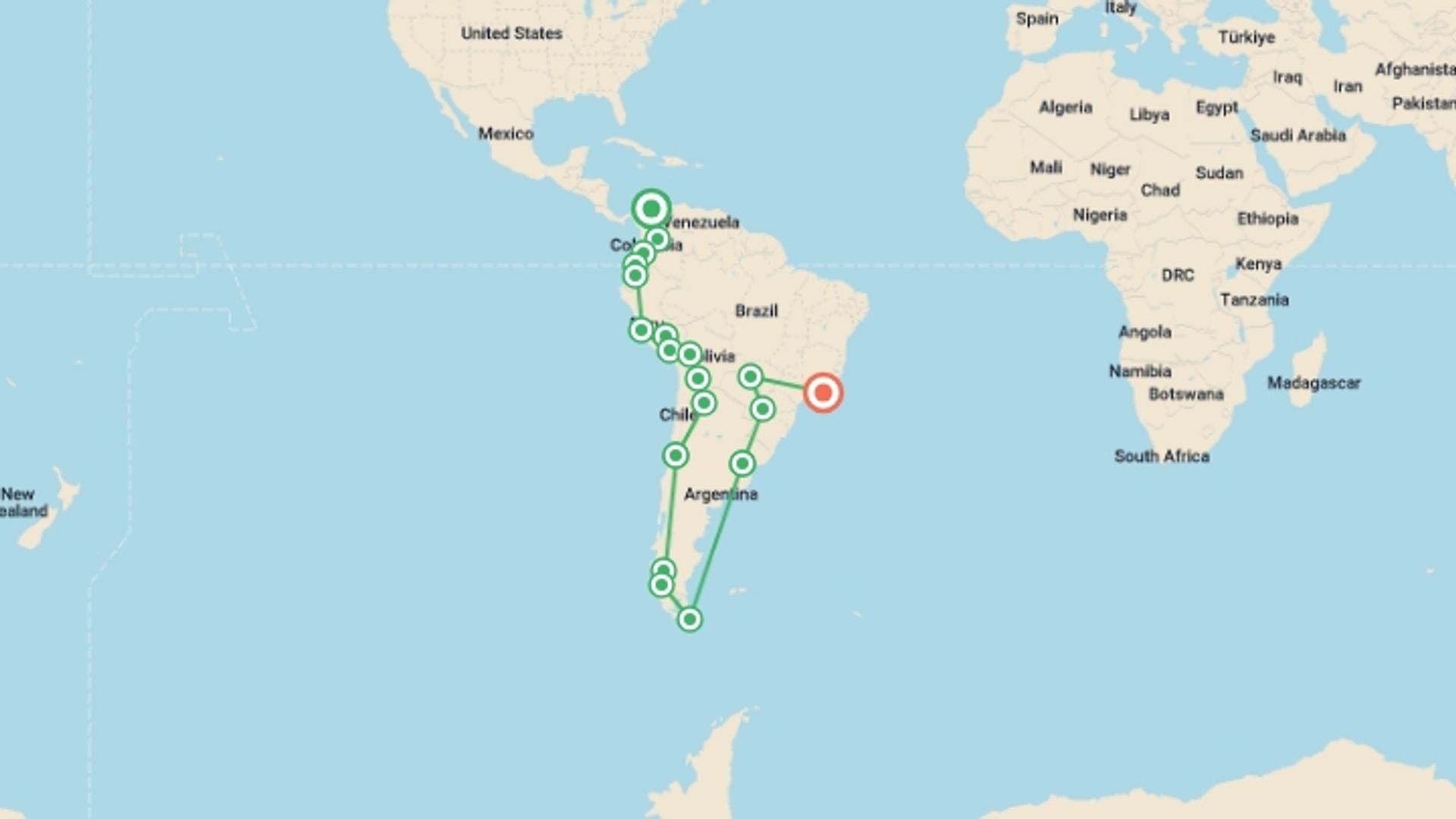 A map showing the tour itinerary for the trip: Cartagena To Rio (19 Weeks) Kingdoms & Carnivals, starting in Cartagena, Colombia and ending in Rio de Janeiro, Brazil going through 18 other destinations.