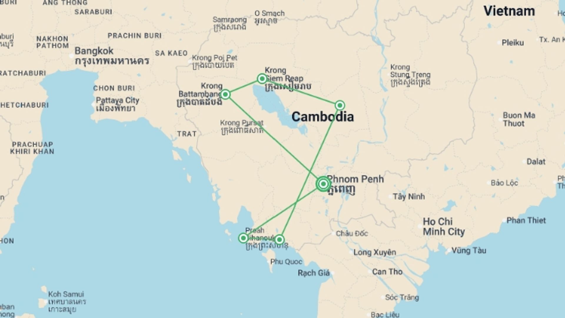 A map showing the tour itinerary for the trip: Best of Cambodia, starting in Phnom Penh, Cambodia and ending in Phnom Penh, Cambodia going through 5 other destinations.