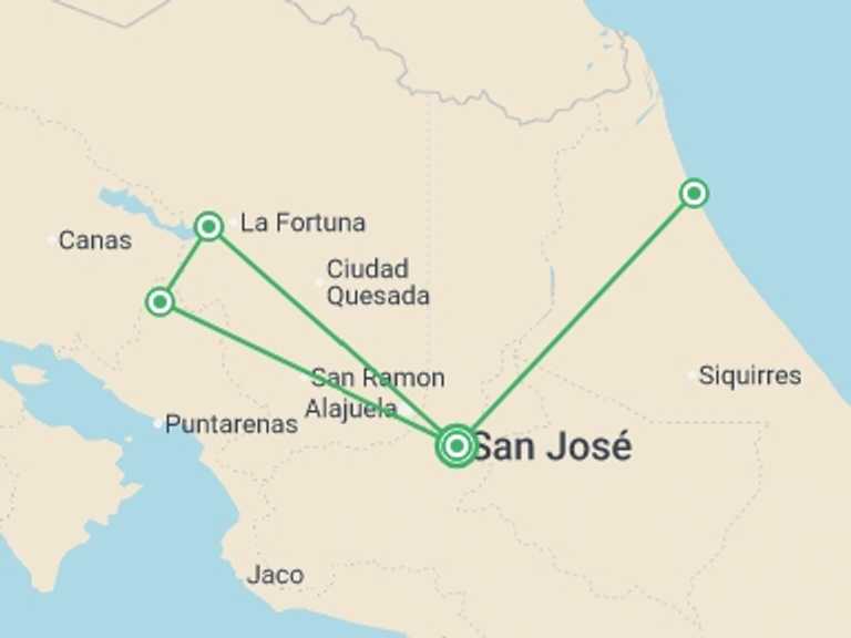 Map of San Jose Volcanoes Tour with 5 destination visits for the trip: Costa Rica Adventure