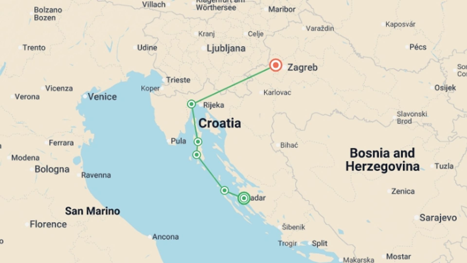 A map showing the tour itinerary for the trip: Zadar to Opatija Express Premium Plus - 6 days, starting in Zadar, Croatia and ending in Zagreb, Croatia going through 4 other destinations.